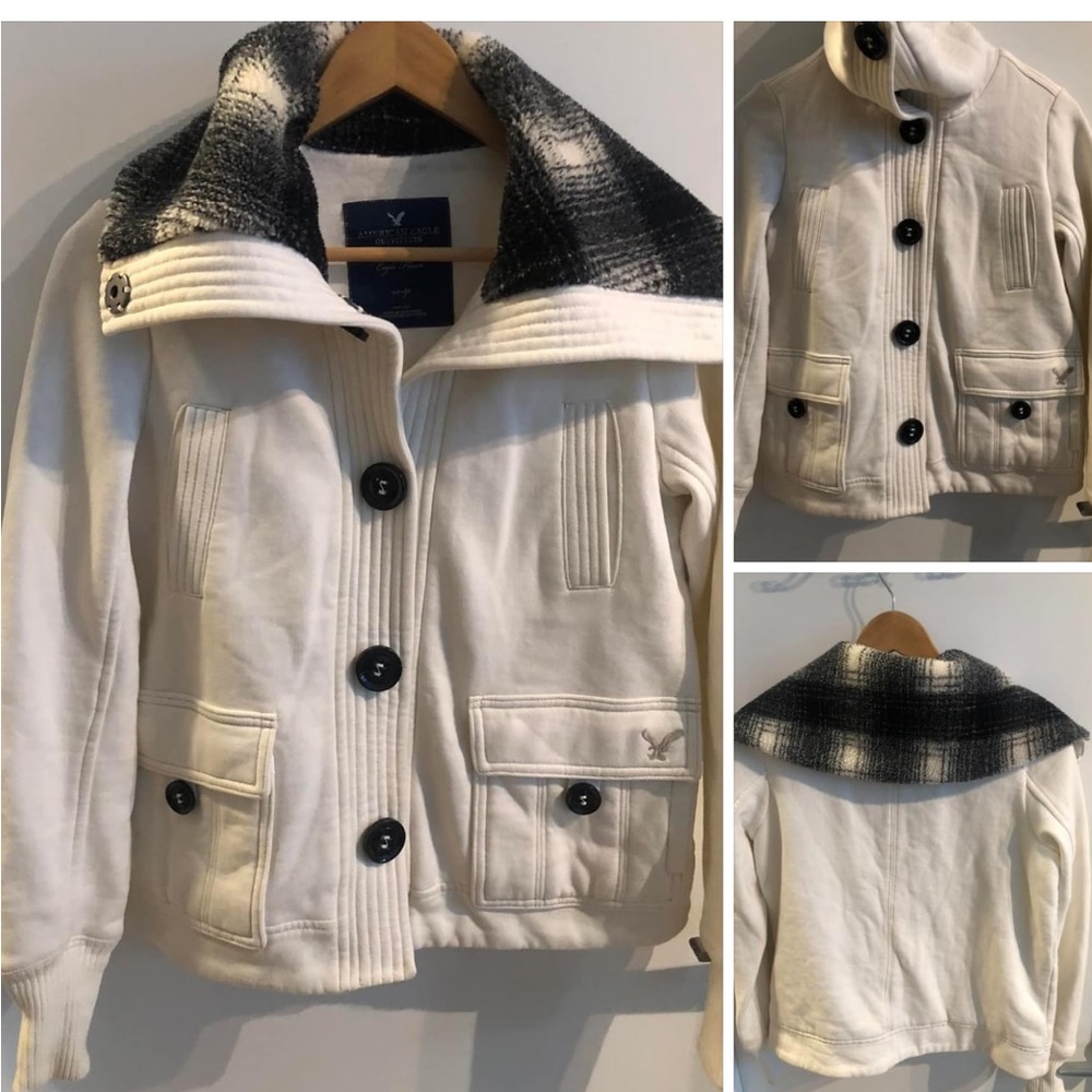 American Eagle Outfitters Cream Bomber Jacket with Black Plaid Collar
